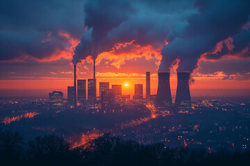 Silhouette of a night city with chimneys of industrial enterprises from which smoke comes. - obrazy, fototapety, plakaty
