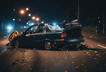 Car crash dangerous accident on the road at night copy space - obrazy, fototapety, plakaty