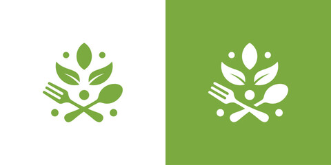 Creative Healthy Organic Logo. Spoon Fork Leaf, Eco Vegetarian Fresh Food Green Salad Healthy Food Logo Design Template. - obrazy, fototapety, plakaty
