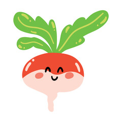 Cute hand drawn radish smiling. Kawaii funny vegetable character for kids