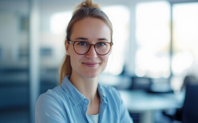 Smiling business girl in contemporary office. Diverse workplace culture. Image captures a young professional exuding positivity and showcasing diversity in a modern corporate setting.