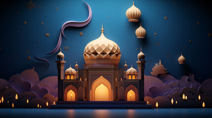 3D illustration portraying an Islamic background that exudes the spirit of Eid Mubarak and Ramadan. Generative AI