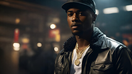 Casually dressed rapper in a baseball cap and leather jacket. Portrait of a hip hop artist in bar