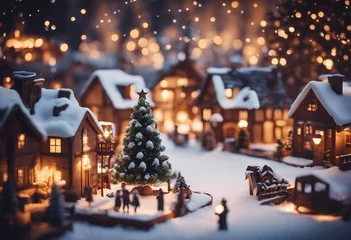 Papier Peint photo autocollant Chocolat brun Christmas village with snow in a vintage style Winter village landscape Celebrate the Christmas and