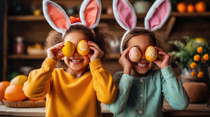 Two joyful children are wearing bunny ears and holding decorated Easter eggs up to their eyes like glasses, with a rustic kitchen setting in the background. - obrazy, fototapety, plakaty