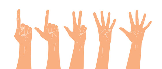 Set of Hand drawn hands counting numbers. Counting fingers. Vector illustration
