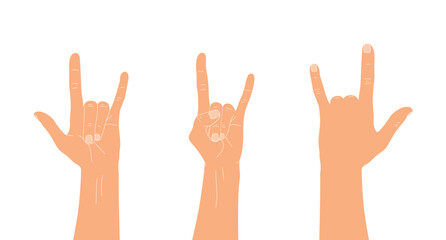 Hard rock horns sign. Rock hand sign hands set. Vector illustration