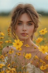 Naklejka premium Young Caucasian Woman Holding Yellow Flower Bouquet