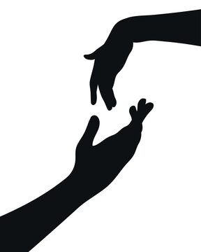 Hands silhouettes. Man hand asks for a woman hand. Man gives hand to woman. Vector illustration
