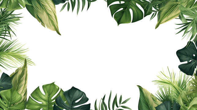 Green tropical leaves frame. nature leaf border, summer vacation and jungle plants. monstera and exotic palm tree leafs illustration,, Tropical foliage background with blank card Pro Photo
