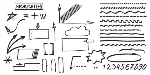 Line brush in doodle style. Underline, circle, arrows, punctuation, numbers, Imitation Markers, hand drawn underline. Handwritten notes for text, screen. Vector illustration