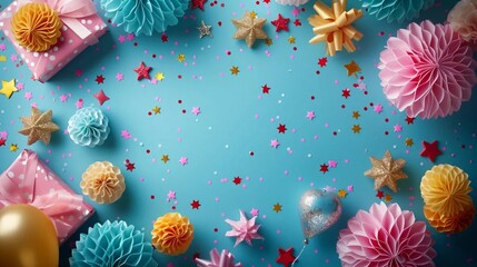 Fototapeta premium Birthday party background top view