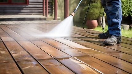 power washer - high water pressure cleaner on wooden patio surfaces - obrazy, fototapety, plakaty