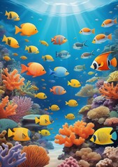 Obraz na płótnie Canvas Childrens Illustration Of Tropical Ocean, Coral Reefs And Variety Of Colorful Tropical Fish In The Ocean