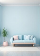 Childrens Illustration Of Modern Room ,Minimalist Interior With Sofa On Empty White And Pastel Blue Color Wall Background.3D Rendering
