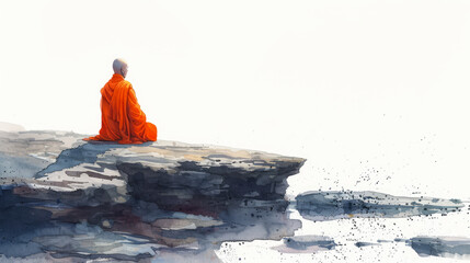 generative illustration. praying monk in watercolor style - obrazy, fototapety, plakaty