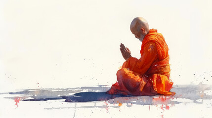 generative illustration. praying monk in watercolor style - obrazy, fototapety, plakaty