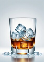 Childrens Illustration Of Digital Illustration Of Glass With Ice And Whiskey, White Background.