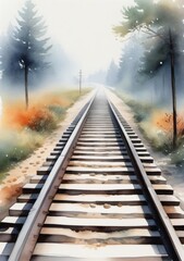 Fototapeta na wymiar Watercolor Illustration Of A Railroad Track Isolated On White Background