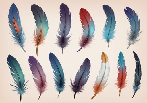 Childrens Illustration Of Set Collection Of Feathers Isolated On A Background For Design And Overlay