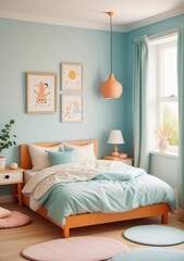 Childrens Illustration Of Bedroom Interior Design Details. Comfortable Bed With Soft White Pillows And Bedding In Bed