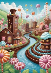 Childrens Illustration Of Whimsical Chocolate Factory, Where Candy Gardens Bloom With Marshmallow Flowers, And A Chocolate River Flows Beneath A Sky Of Spun Sugar