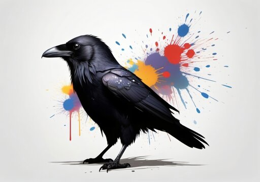 Childrens Illustration Of Black Raven Silhouette With Paint Splatters Isolated On White Background Copy Space Image Place For Adding Text Or Design