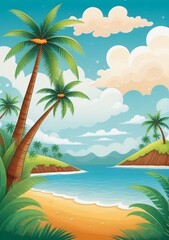 Fototapeta na wymiar Childrens Illustration Of Landscape With Beautiful Sky With Clouds And Coconut Trees.