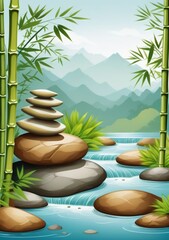 Fototapeta na wymiar Childrens Illustration Of Stream Stones And Bamboo Shoots Feng Shui Spa. ,