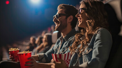 Fototapeta na wymiar Man and a woman in a movie theater, both wearing 3D glasses, laughing and enjoying themselves with a popcorn bucket and a red cup in hand.