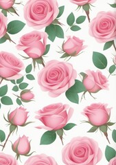 Fototapeta na wymiar Childrens Illustration Of Beautiful Delicate Bouquet Of Pink Roses In Craft Wrapping Paper On White Background . Generative