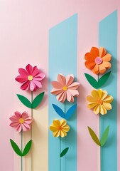 Childrens Illustration Of A Bunch Of Paper Flowers That Are On A Pink, Blue, Yellow, And Pink Striped Wall Behind A Row Of Pink, Blue, Yellow, Pink, Orange, Pink, And Green, And Pink Flowers.