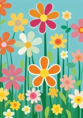 Childrens Illustration Of Of A Abstract Spring Flowers Background With A Copy Space. Generative