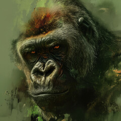 A gorilla portrayed in a highly stylized and artistic manner