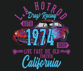 l.a hotrod drag racing 1974 auto shop T-Shirt Design Template - obrazy, fototapety, plakaty