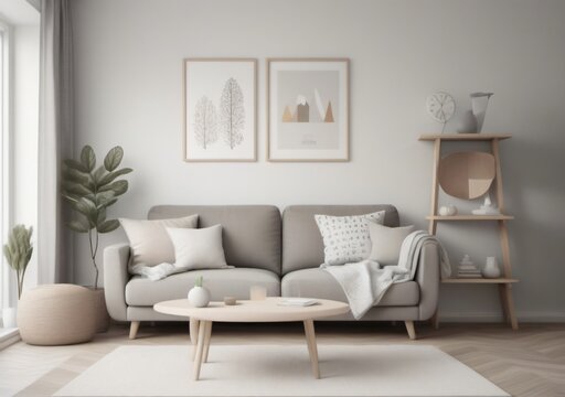 Childrens Illustration Of Modern Living Room With Scandinavian Home Interior Design, Greige Sofa, White Wall