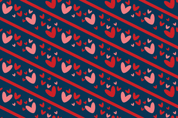 Cute red pink hearts placed form diagonal parallel lines seamless pattern lovely romantic Dark blue background Valentine's Day textiles fabric wallpaper wrapping paper wallpaper polygraphy Repeating