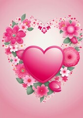 Childrens Illustration Of Decorative Heart In Flowers, Banner In Pink Shades, Illustration For Valentines Day.