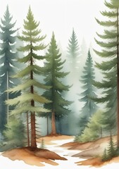 Watercolor Illustration Of A Coniferous Forest Isolated On White Background