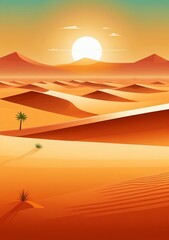 Childrens Illustration Of 2D Flat Vector Of Sahara Desert During Afternoon. The Scorching Sunlight Makes The Desert Atmosphere Very Hot.