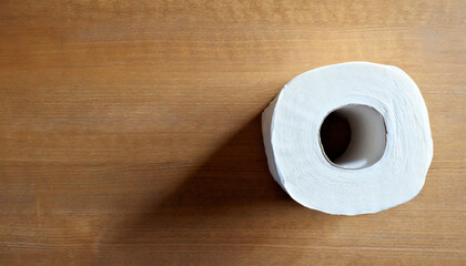 Top view of a roll of toilet paper standing on a wooden floor