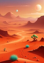 Childrens Illustration Of Landscape On The Planet Mars, Surface Is A Picturesque Desert On Red Planet. Artwork