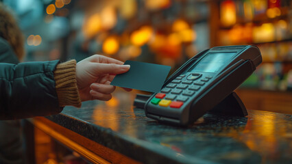 Contactless payment system. Closeup of Caucasian hand, holding a black credit card on a POS terminal. Credit card to make electronic payment