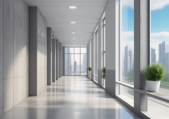 Childrens Illustration Of Modern Office Corridor With Mock Up Place On Concrete Wall, Windows With City View And Reflections. 3D Rendering.