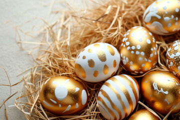 Easter eggs painted with gold paint on an artificial straw. Concept of Easter holidays. Festive...