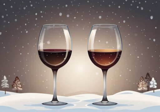 Childrens Illustration Of Two Wine Glasses In The Snow, In The Style Of Dark Brown And Light Brown