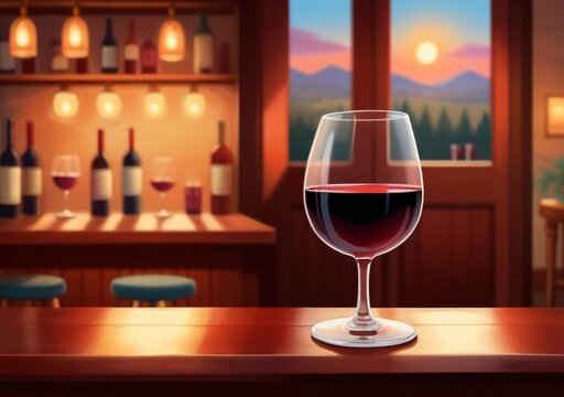 Childrens Illustration Of A Single Glass Of Red Wine In The Warm Light Of A Cozy Bar.