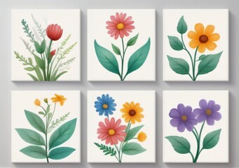 Childrens Illustration Of A Set Of Canvases With Flower. Plant Art Design.