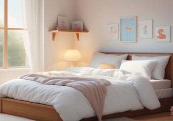 Childrens Illustration Of Bedroom Interior Design Details. Comfortable Bed With Soft White Pillows And Bedding In Bed