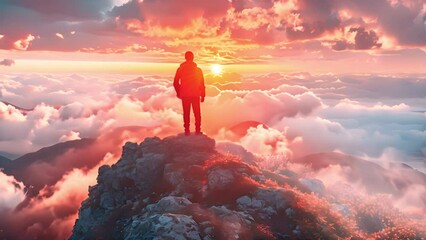 Man Standing on the Top of a Mountain, From Overflowing Emotions of Joy and a sense of Satisfaction. The concept of achieving success. Moving clouds in beautiful sunset Enjoy life beautiful view